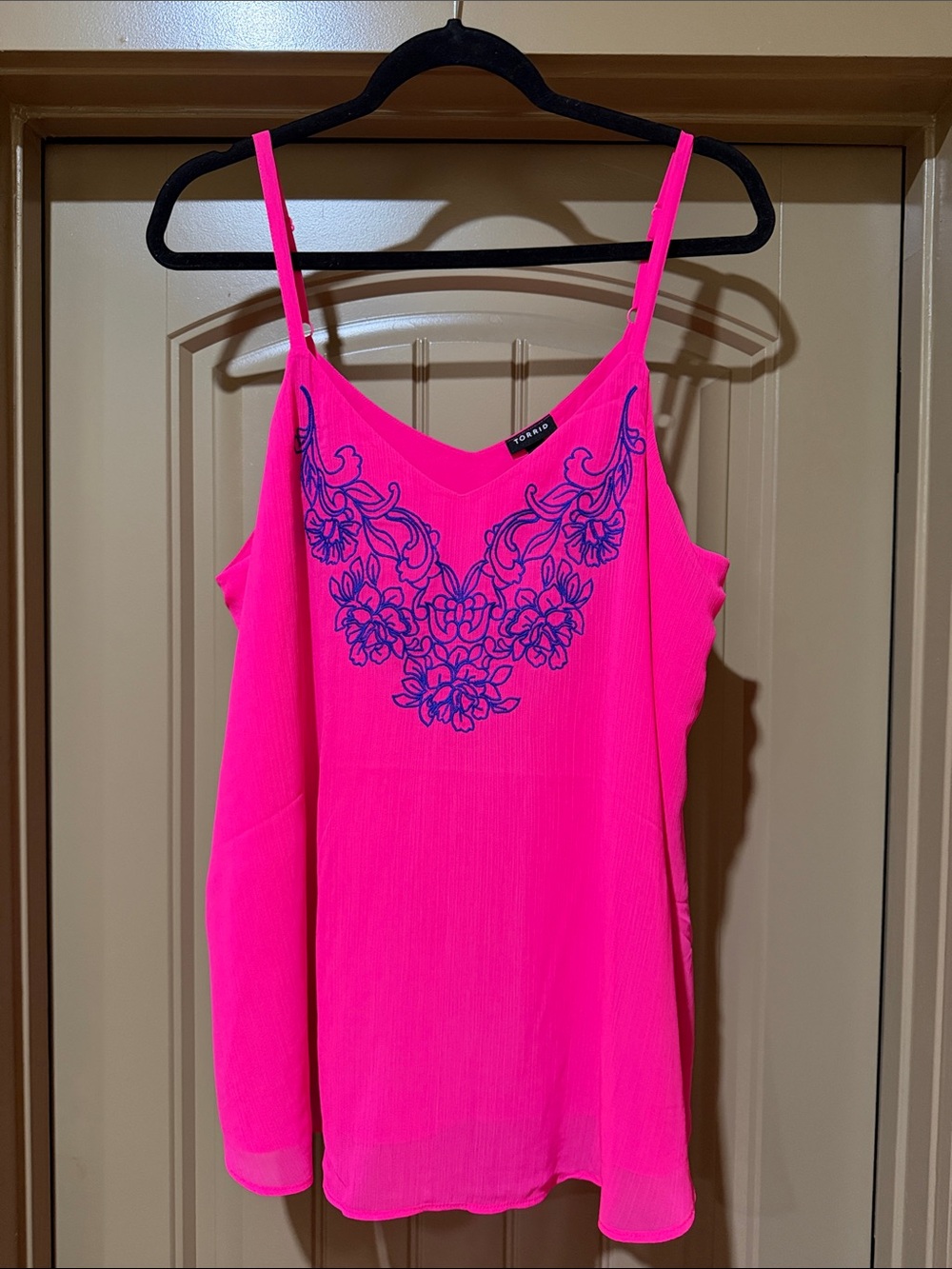 Torrid Hot Pink Camisole with Blue Floral Embroidery